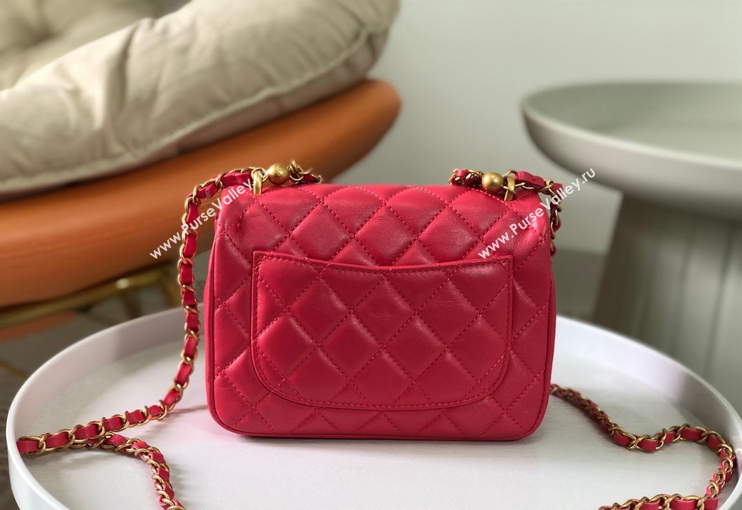 Chanel Shiny Lambskin Mini Flap Bag with Chain and Pearls AS4385 Fuchsia Pink 2024 (SM-240717046)