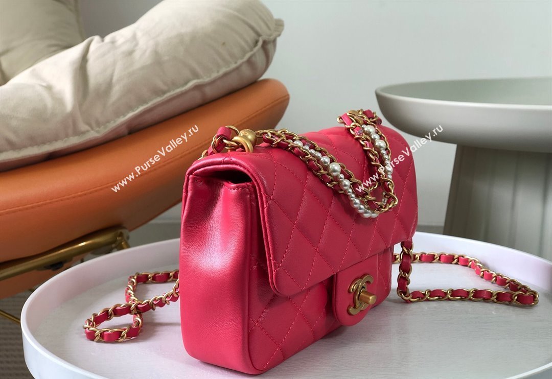 Chanel Shiny Lambskin Mini Flap Bag with Chain and Pearls AS4385 Fuchsia Pink 2024 (SM-240717046)