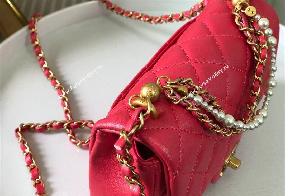 Chanel Shiny Lambskin Mini Flap Bag with Chain and Pearls AS4385 Fuchsia Pink 2024 (SM-240717046)