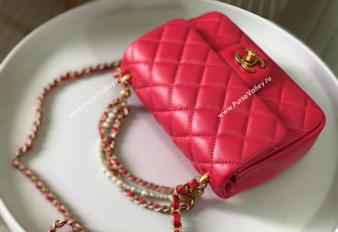 Chanel Shiny Lambskin Mini Flap Bag with Chain and Pearls AS4385 Fuchsia Pink 2024 (SM-240717046)