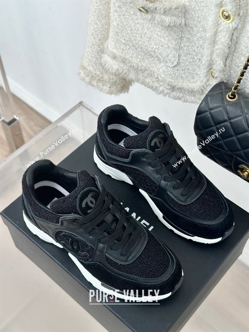 Chanel Wool Tweed, Calfskin Suede Sneakers Black 2024 G39066 (KL-2407230060)