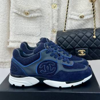 Chanel Wool Tweed, Calfskin Suede Sneakers Navy Blue 2024 G39066 (KL-2407230061)