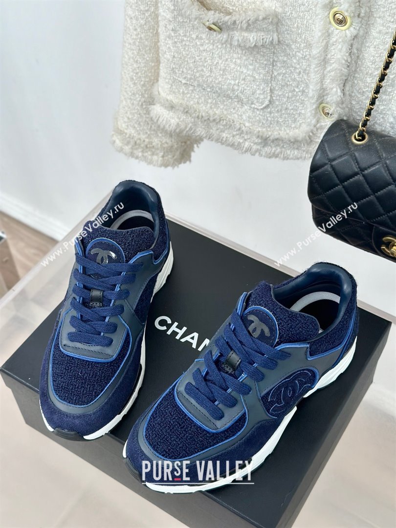 Chanel Wool Tweed, Calfskin Suede Sneakers Navy Blue 2024 G39066 (KL-2407230061)