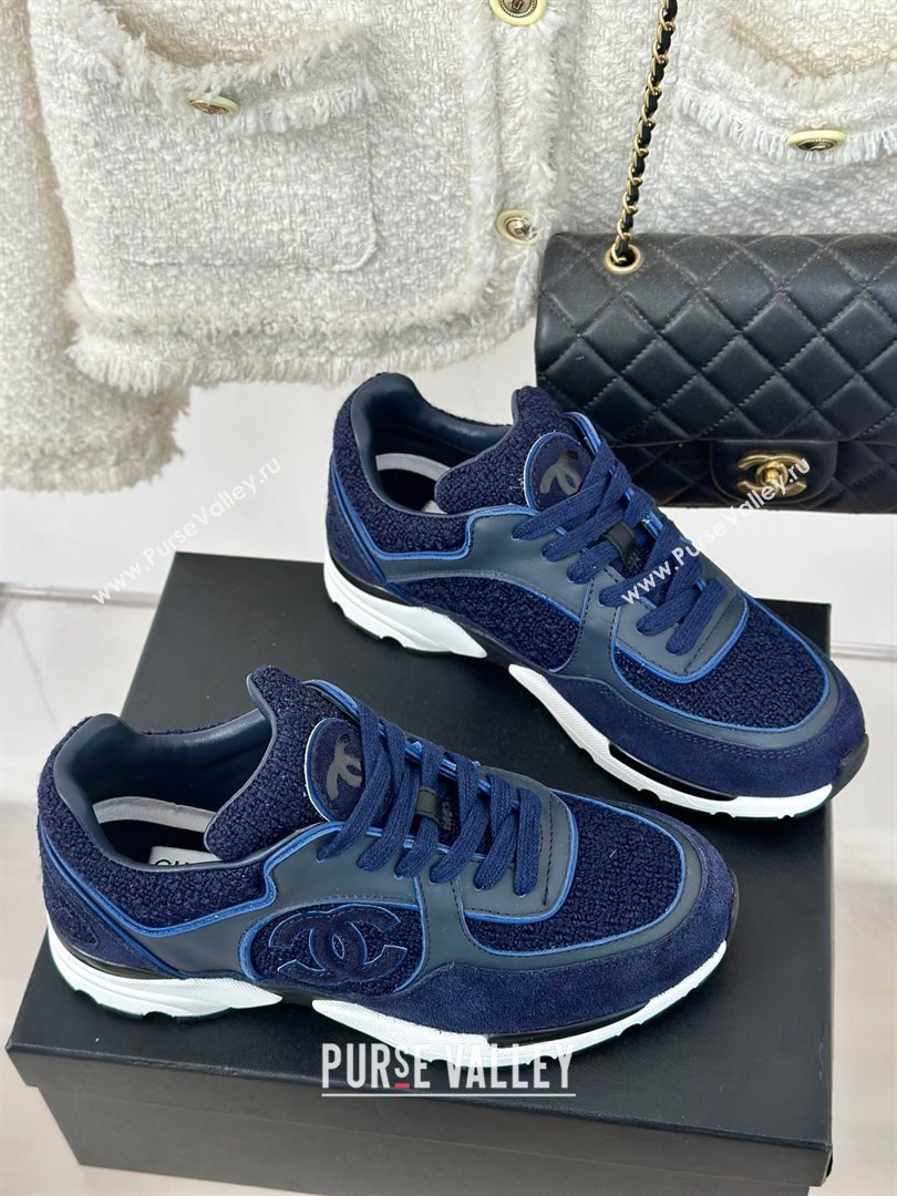 Chanel Wool Tweed, Calfskin Suede Sneakers Navy Blue 2024 G39066 (KL-2407230061)