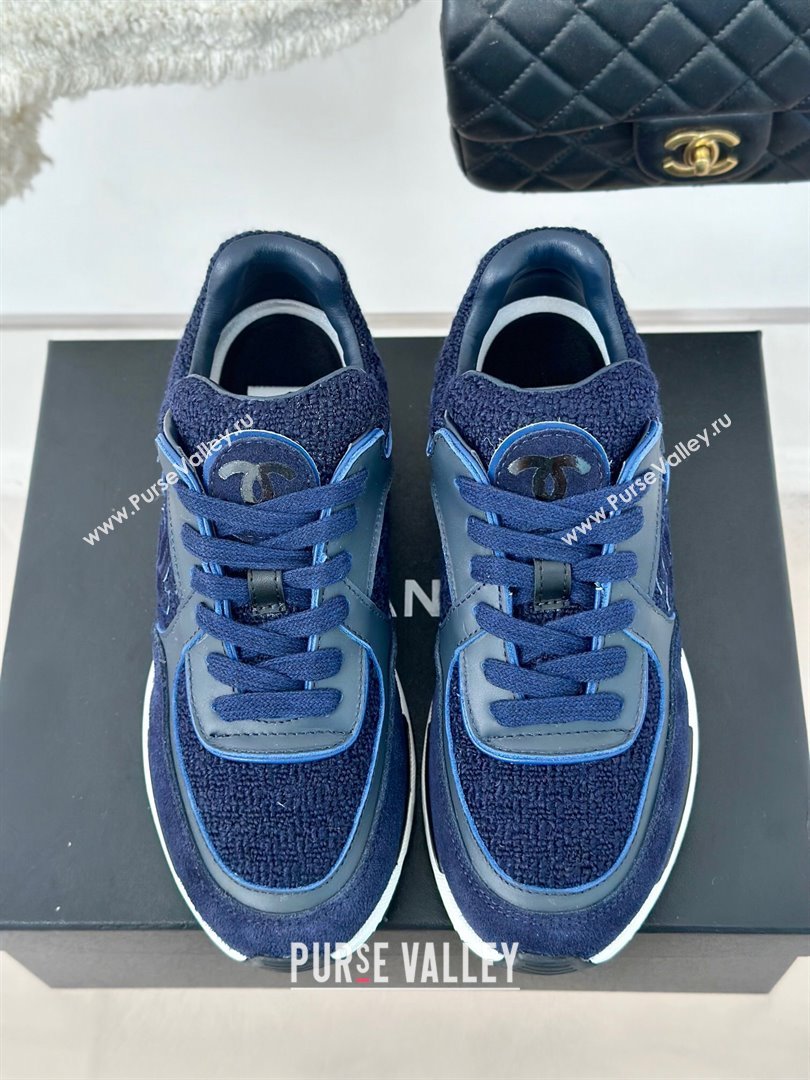 Chanel Wool Tweed, Calfskin Suede Sneakers Navy Blue 2024 G39066 (KL-2407230061)