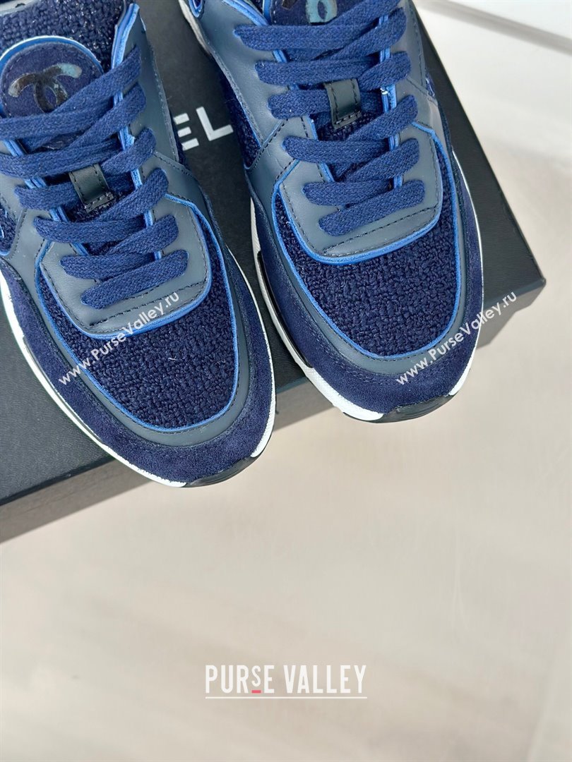 Chanel Wool Tweed, Calfskin Suede Sneakers Navy Blue 2024 G39066 (KL-2407230061)