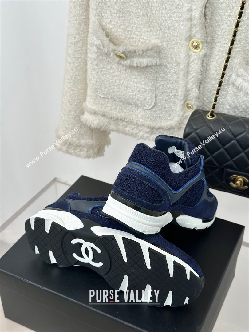 Chanel Wool Tweed, Calfskin Suede Sneakers Navy Blue 2024 G39066 (KL-2407230061)