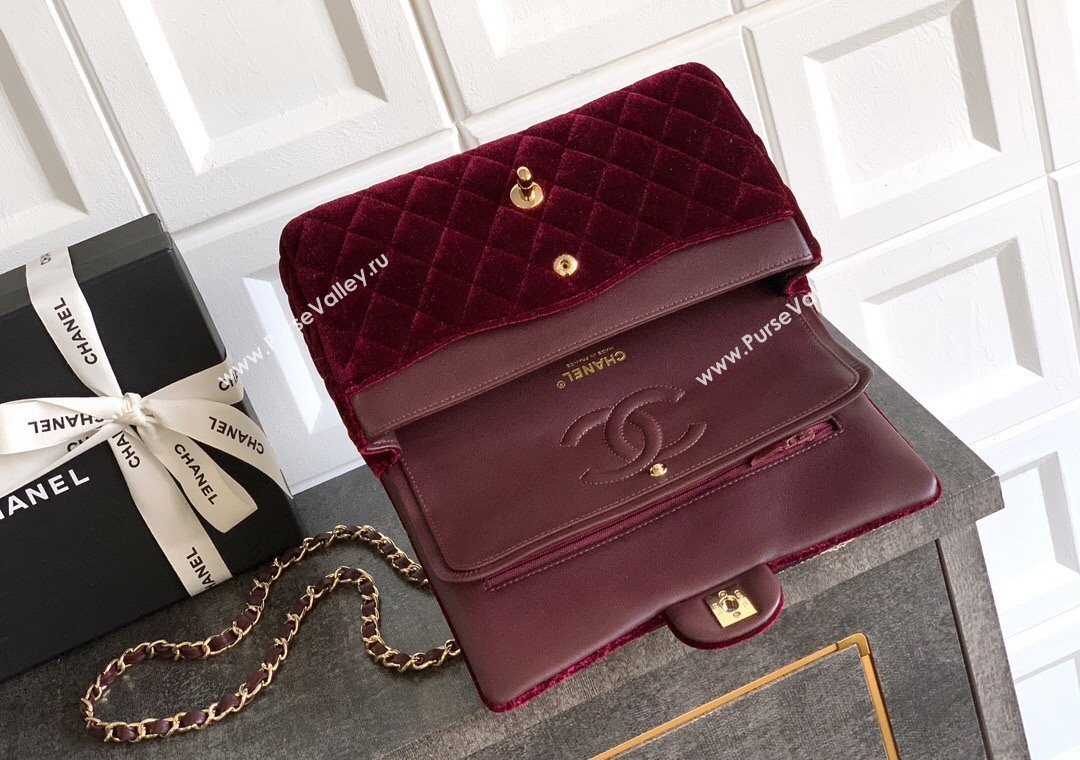 Chanel Velvet Classic 11.12 Flap Handbag Dark Burgundy 2025 A01112 (yezi-251011059)