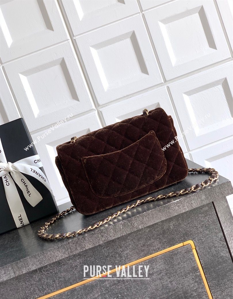 Chanel Velvet Classic Mini Flap Handbag Dark Brown 2025 A69900 (yezi-251011061)