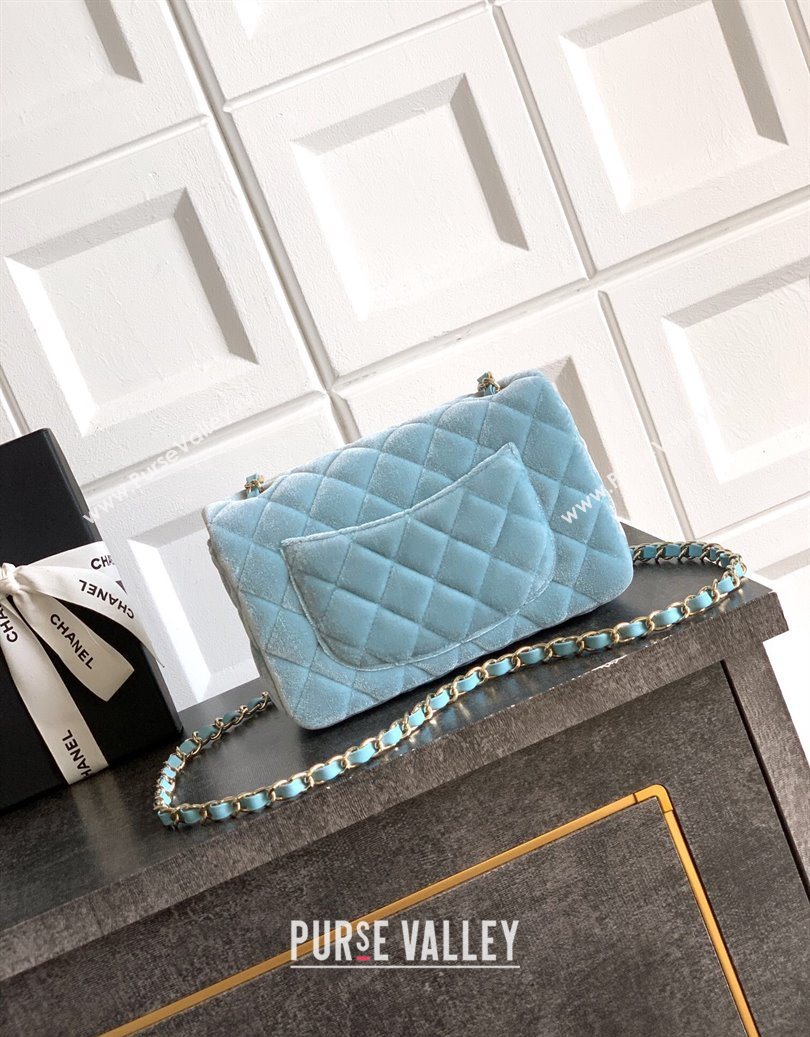 Chanel Velvet Classic Mini Flap Handbag Sakura Blue 2025 A69900 (yezi-251011064)