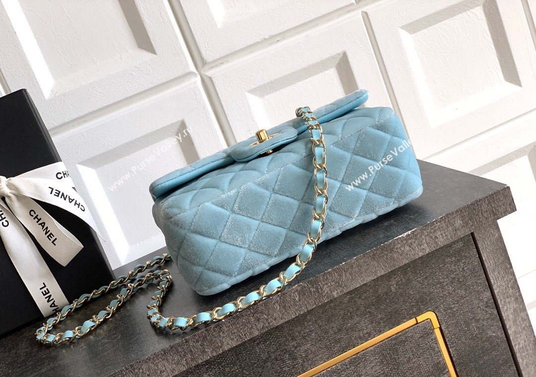 Chanel Velvet Classic Mini Flap Handbag Sakura Blue 2025 A69900 (yezi-251011064)