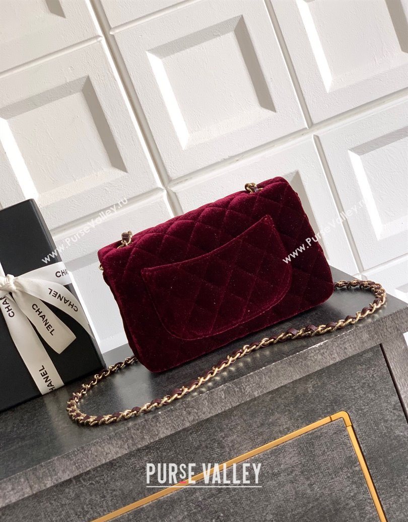 Chanel Velvet Classic Mini Flap Handbag Dark Burgundy 2025 A69900 (yezi-251011066)
