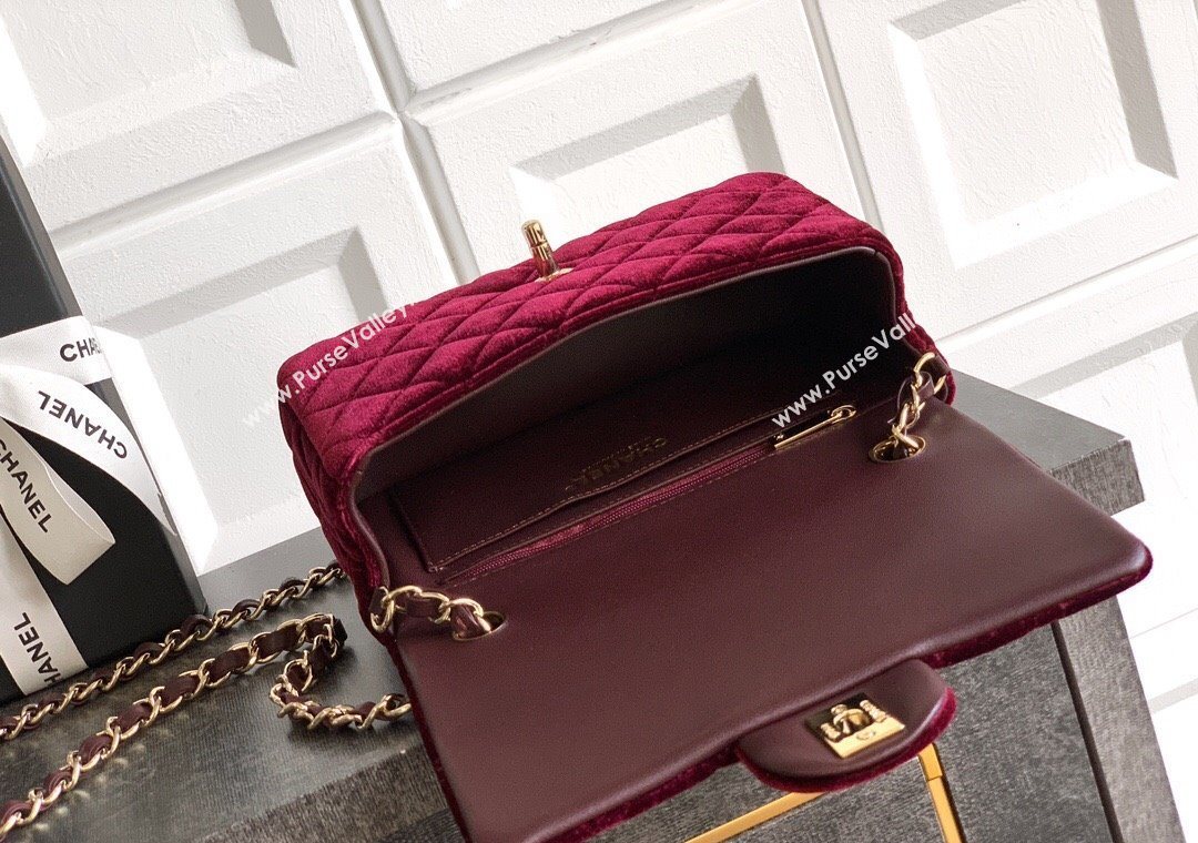 Chanel Velvet Classic Mini Flap Handbag Dark Burgundy 2025 A69900 (yezi-251011066)