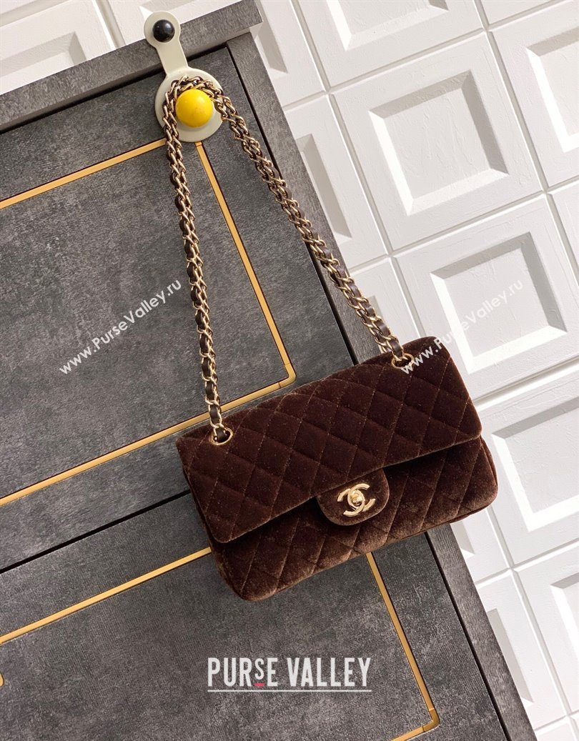 Chanel Velvet Classic Small Flap Handbag Dark Brown 2025 A01113 (yezi-251011069)