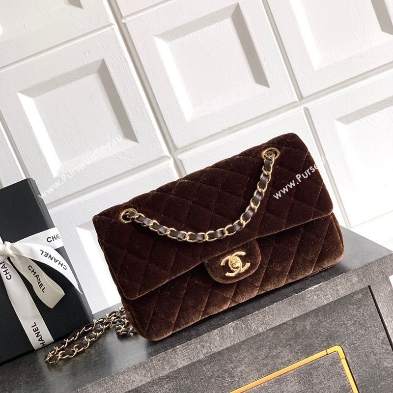 Chanel Velvet Classic Small Flap Handbag Dark Brown 2025 A01113 (yezi-251011069)