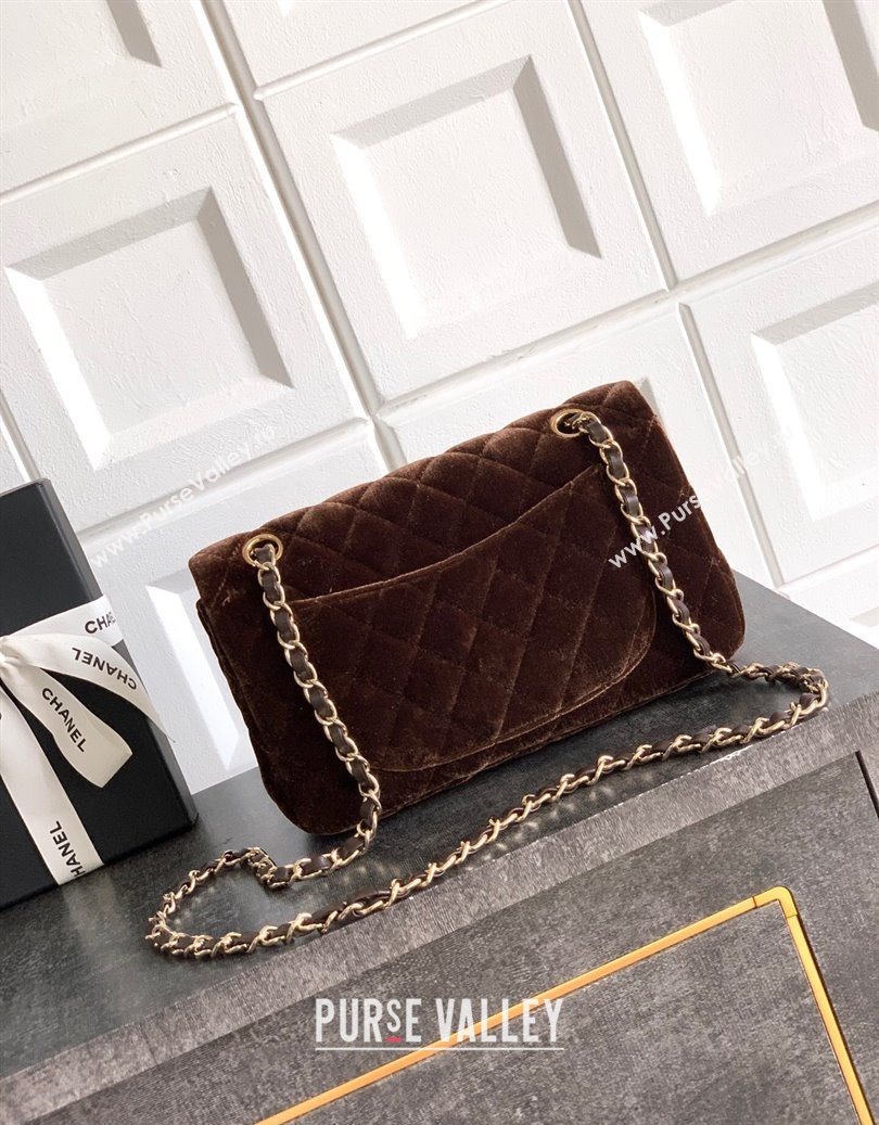 Chanel Velvet Classic Small Flap Handbag Dark Brown 2025 A01113 (yezi-251011069)
