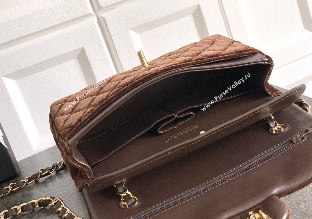 Chanel Velvet Classic Small Flap Handbag Dark Brown 2025 A01113 (yezi-251011069)