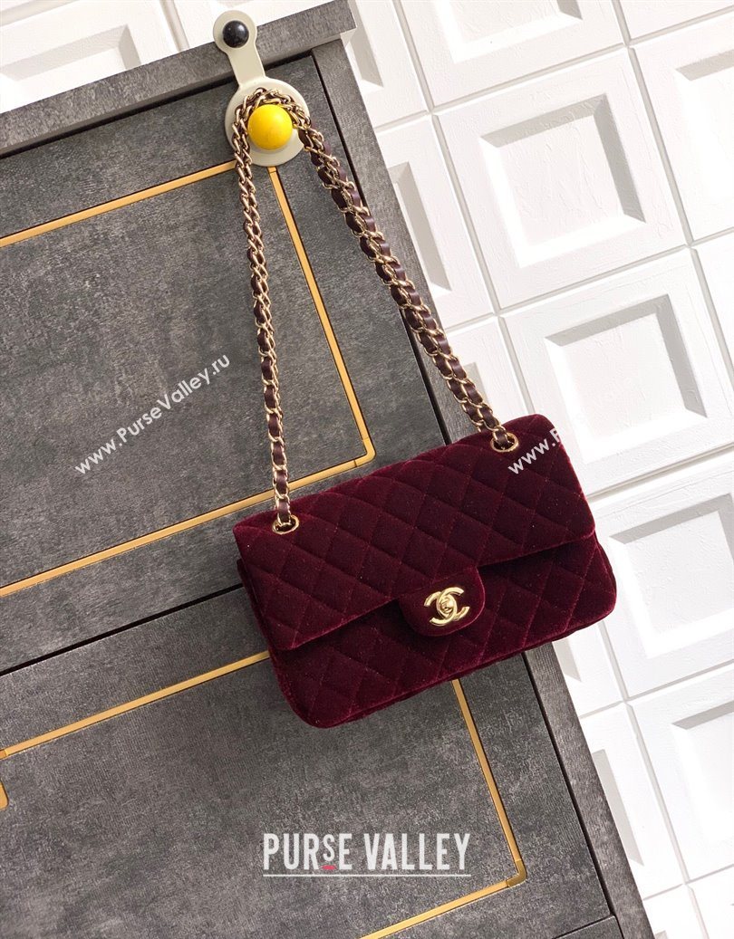 Chanel Velvet Classic Small Flap Handbag Dark Burgundy 2025 A01113 (yezi-251011070)