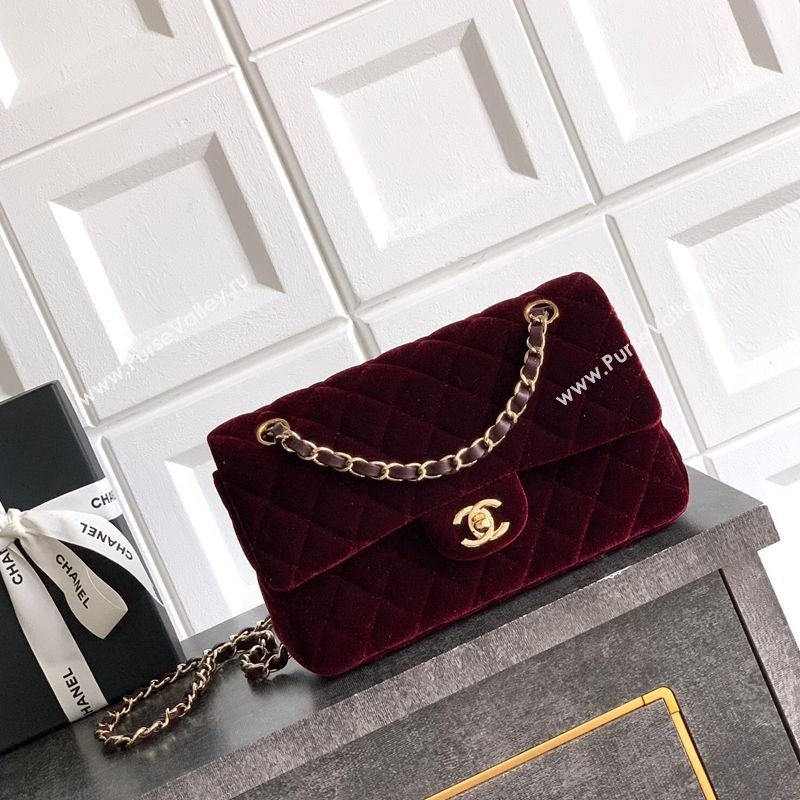 Chanel Velvet Classic Small Flap Handbag Dark Burgundy 2025 A01113 (yezi-251011070)