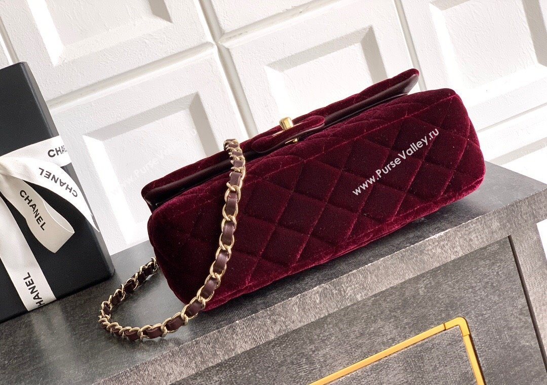 Chanel Velvet Classic Small Flap Handbag Dark Burgundy 2025 A01113 (yezi-251011070)