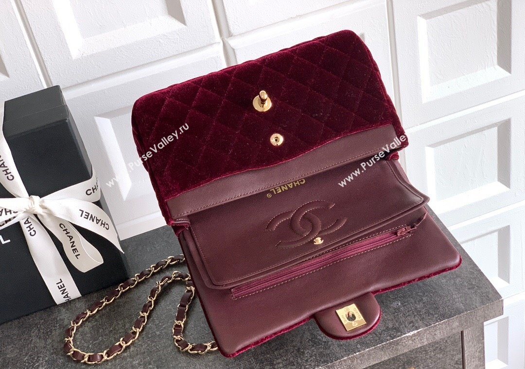 Chanel Velvet Classic Small Flap Handbag Dark Burgundy 2025 A01113 (yezi-251011070)