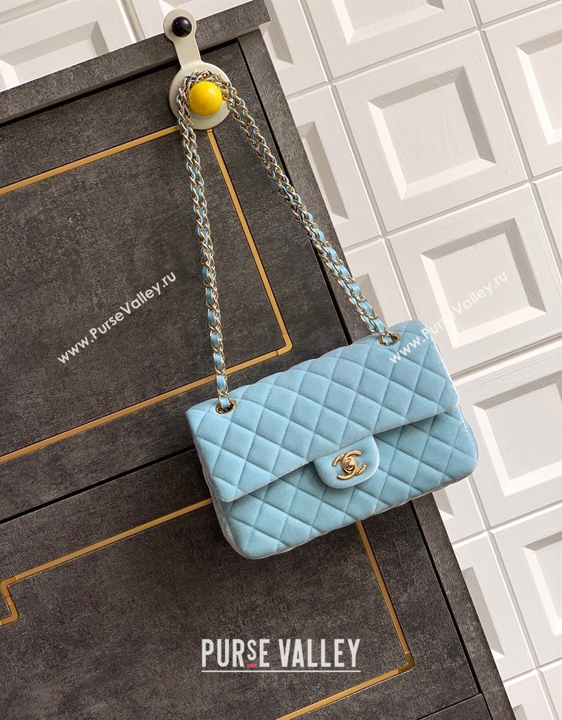 Chanel Velvet Classic Small Flap Handbag Lake Blue 2025 A01113 (yezi-251011071)