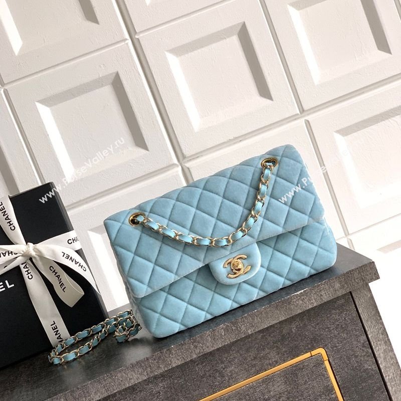 Chanel Velvet Classic Small Flap Handbag Lake Blue 2025 A01113 (yezi-251011071)