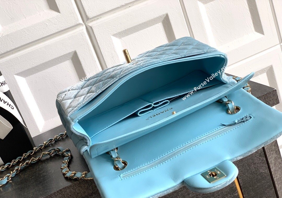 Chanel Velvet Classic Small Flap Handbag Lake Blue 2025 A01113 (yezi-251011071)