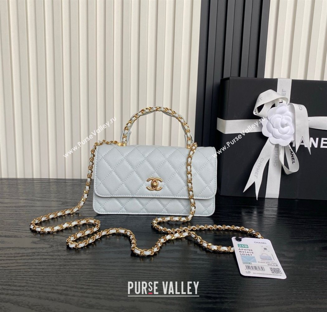Chanel Grained Shiny Calfskin Clutch with chain and Top Handle Light Blue 2025 AP4798 (yezi-251011075)