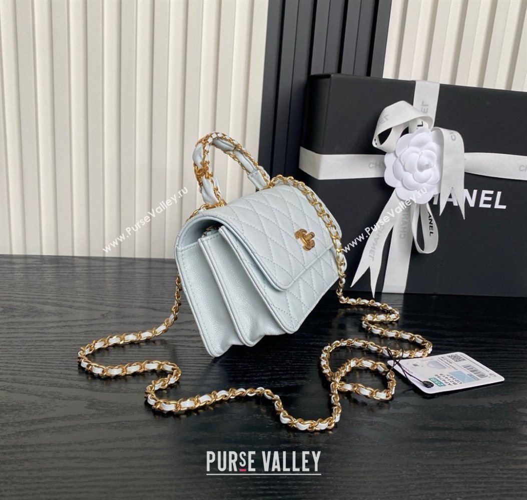 Chanel Grained Shiny Calfskin Clutch with chain and Top Handle Light Blue 2025 AP4798 (yezi-251011075)