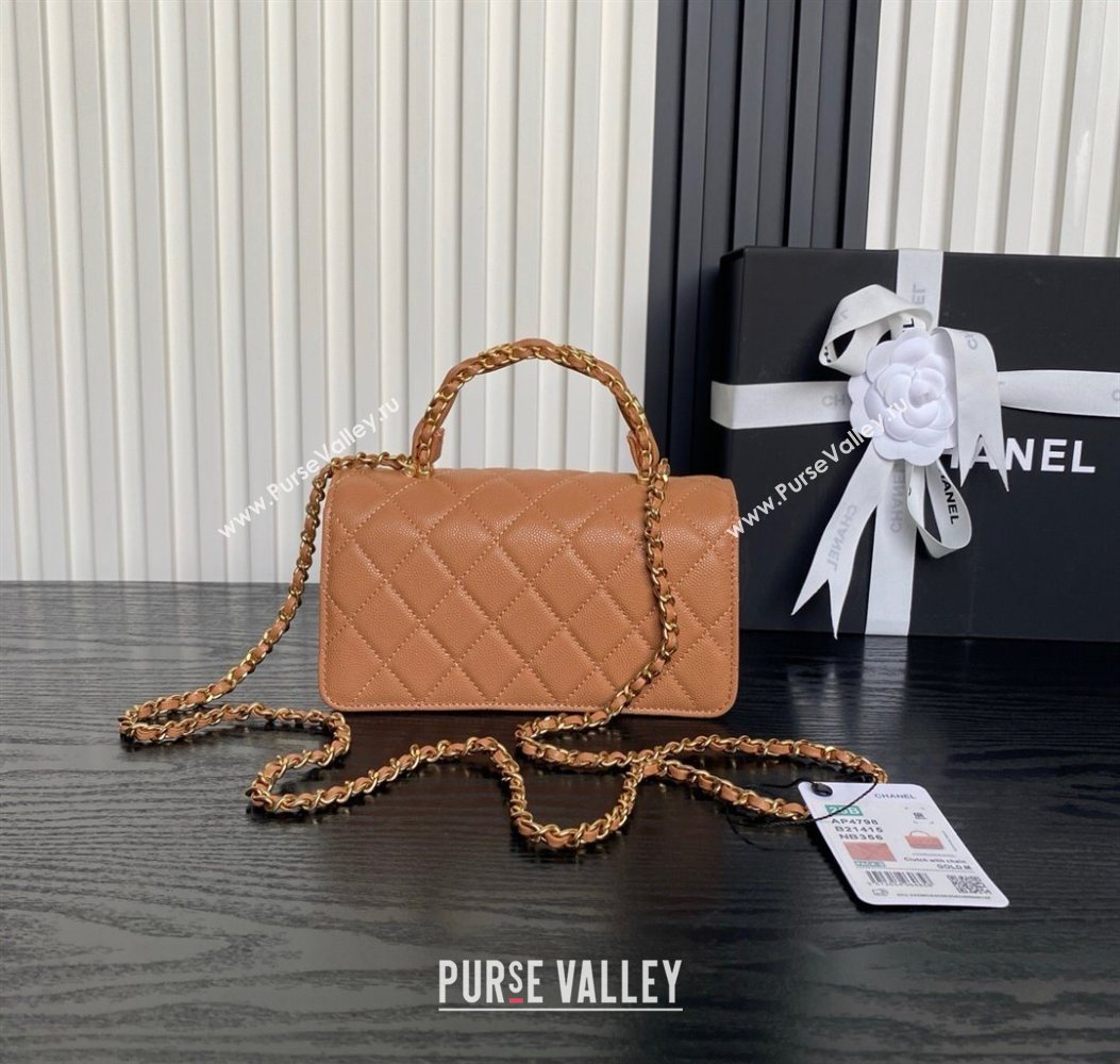 Chanel Grained Shiny Calfskin Clutch with chain and Top Handle Brown 2025 AP4798 (yezi-251011077)