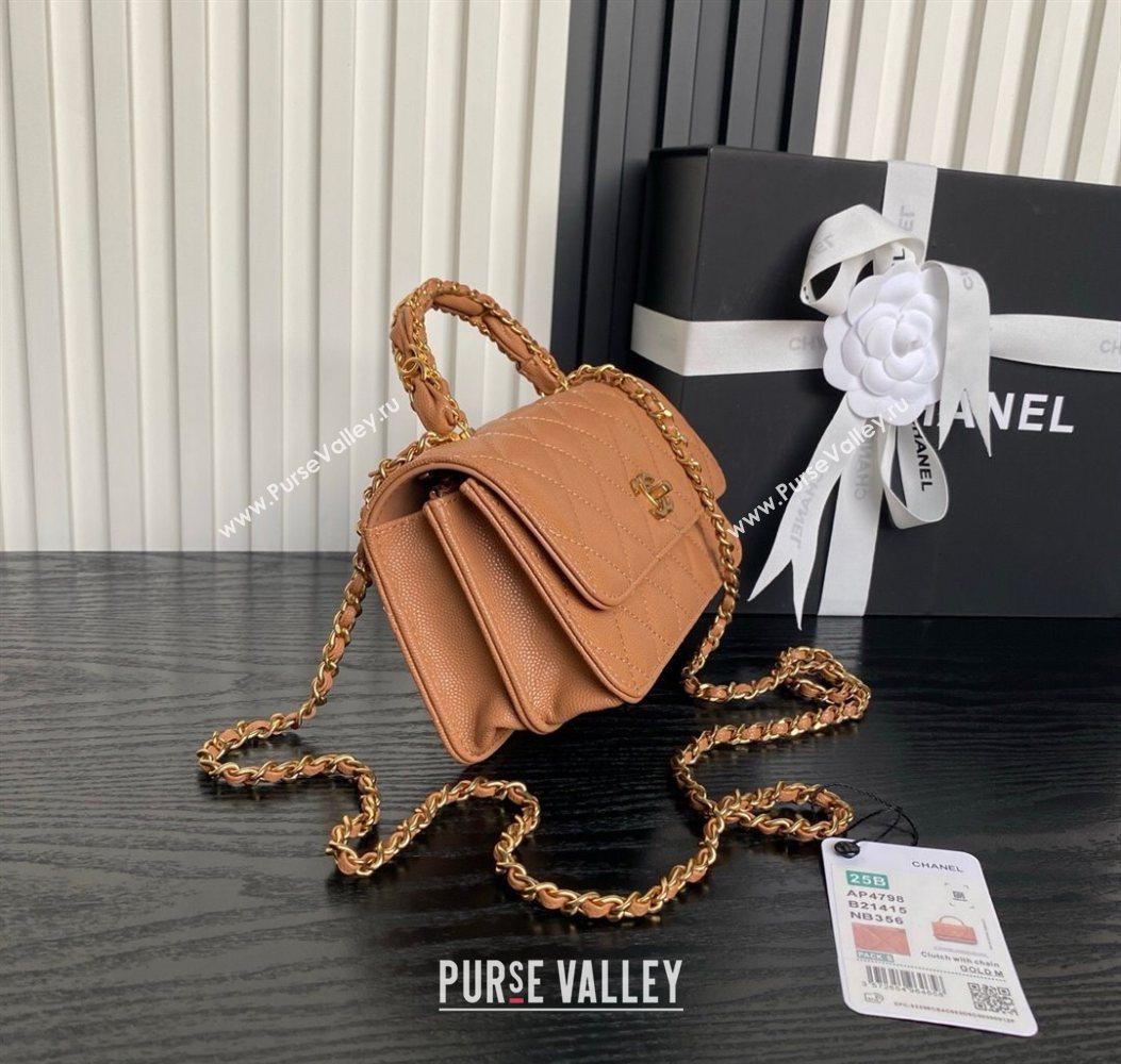 Chanel Grained Shiny Calfskin Clutch with chain and Top Handle Brown 2025 AP4798 (yezi-251011077)