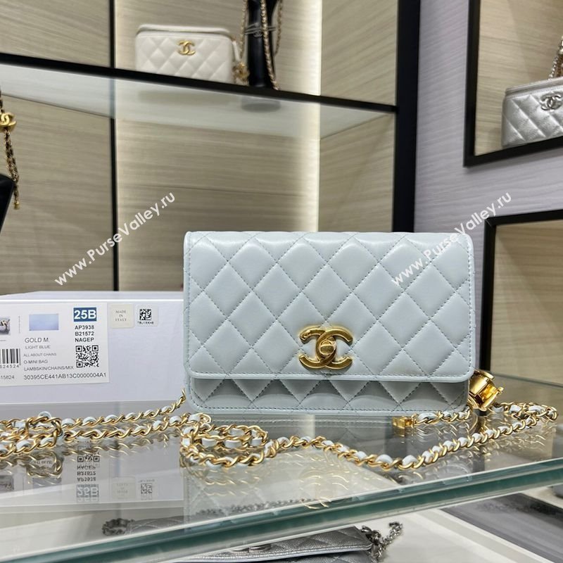 Chanel Shiny Lambskin Wallet On Chain WOC AP3938 Light Blue 2025 (yezi-251011051)