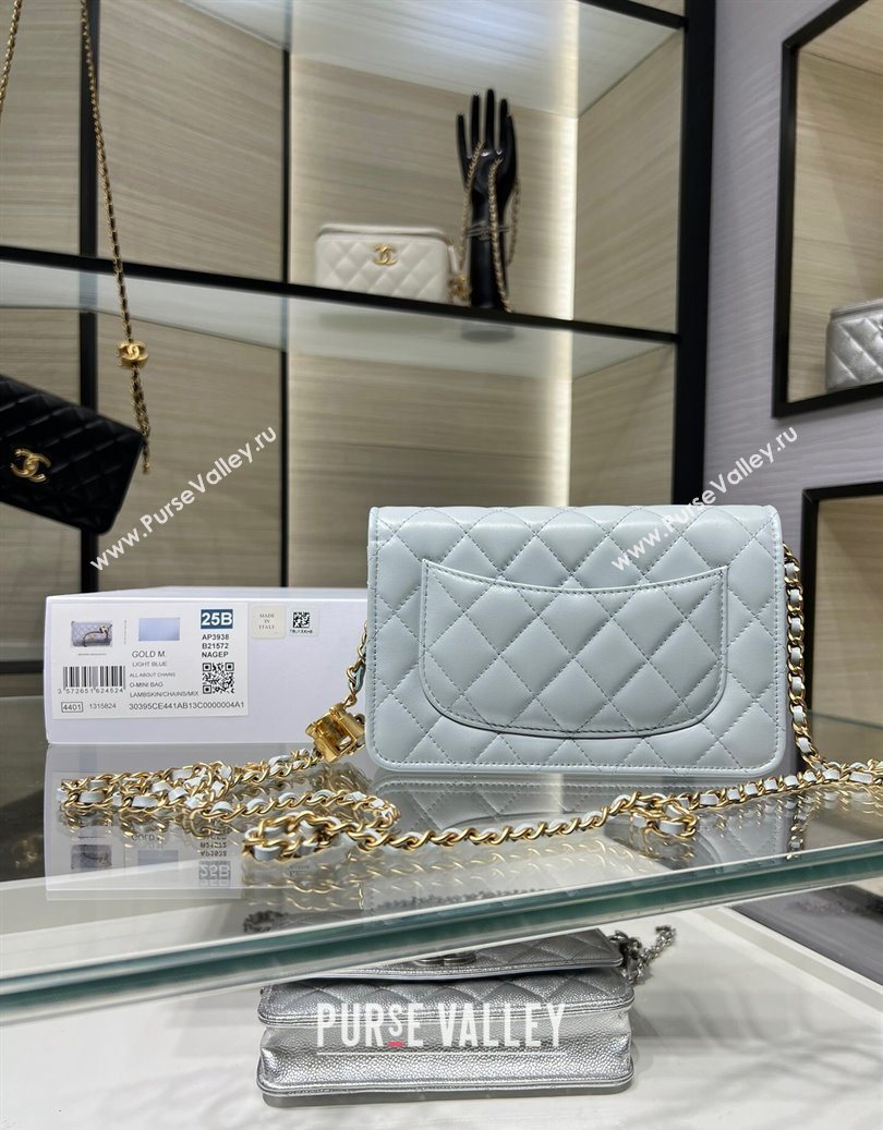 Chanel Shiny Lambskin Wallet On Chain WOC AP3938 Light Blue 2025 (yezi-251011051)