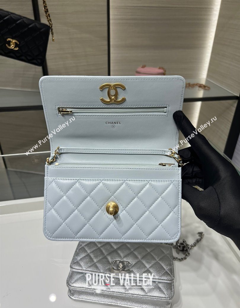 Chanel Shiny Lambskin Wallet On Chain WOC AP3938 Light Blue 2025 (yezi-251011051)