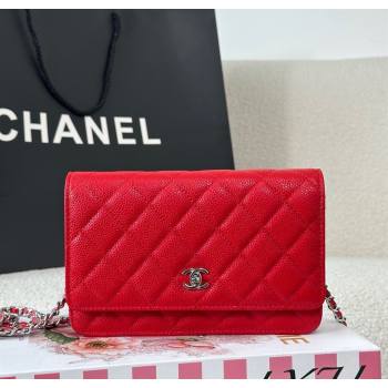 Chanel Grained Calfskin Classic Wallet on Chain WOC Red/Silver 2025 AP4241 (YMU-250703064)
