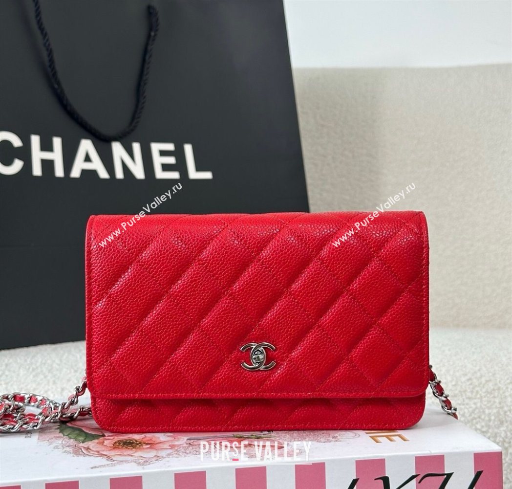 Chanel Grained Calfskin Classic Wallet on Chain WOC Red/Silver 2025 AP4241 (YMU-250703064)