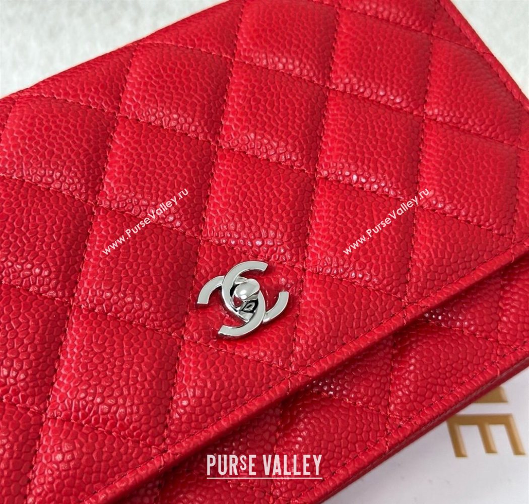 Chanel Grained Calfskin Classic Wallet on Chain WOC Red/Silver 2025 AP4241 (YMU-250703064)