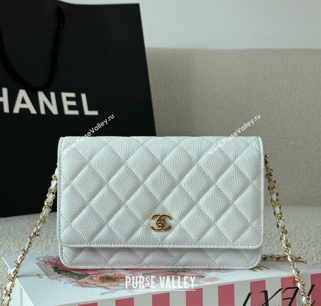 Chanel Grained Calfskin Classic Wallet on Chain WOC White/Gold 2025 AP4241 (YMU-250703077)
