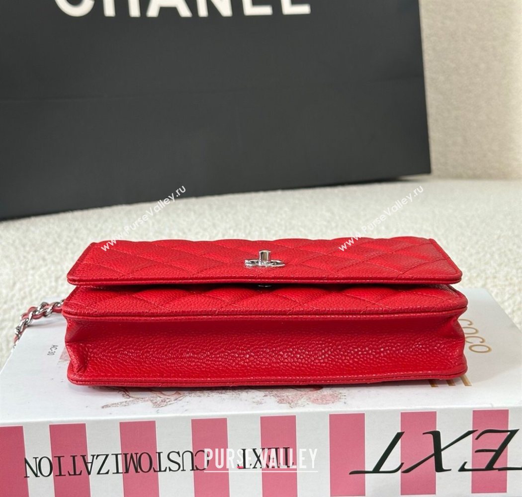 Chanel Grained Calfskin Classic Wallet on Chain WOC Red/Silver 2025 AP4241 (YMU-250703064)