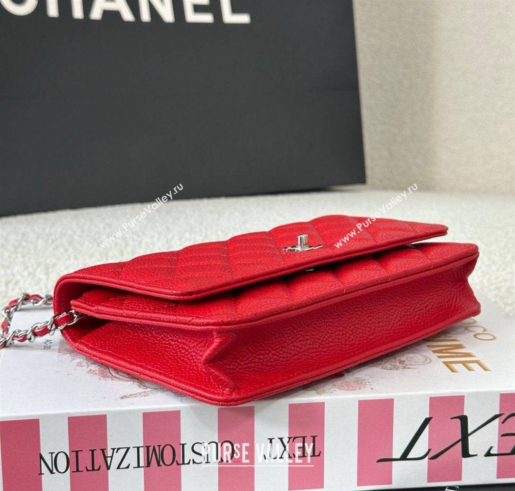 Chanel Grained Calfskin Classic Wallet on Chain WOC Red/Silver 2025 AP4241 (YMU-250703064)