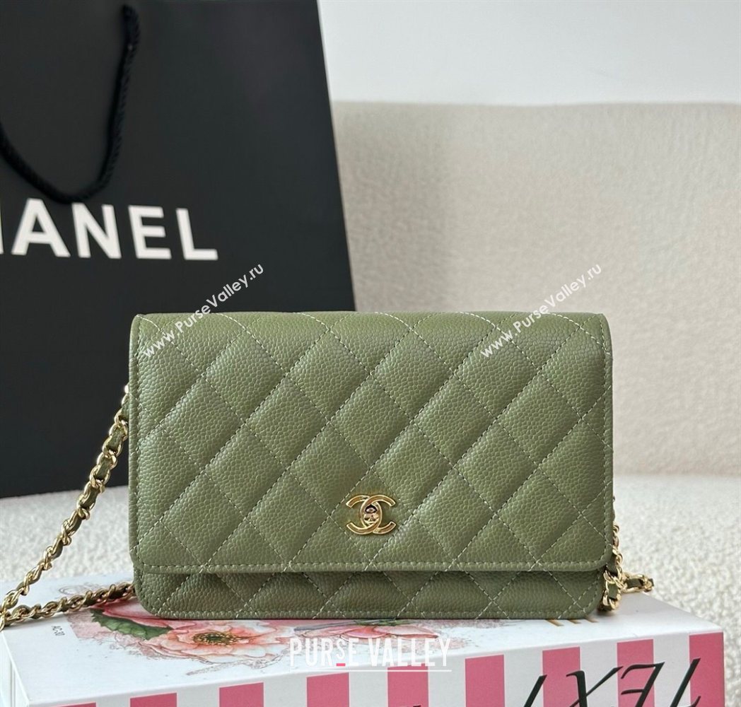 Chanel Grained Calfskin Classic Wallet on Chain WOC Khaki Green/Gold 2025 AP4241 (YMU-250703079)