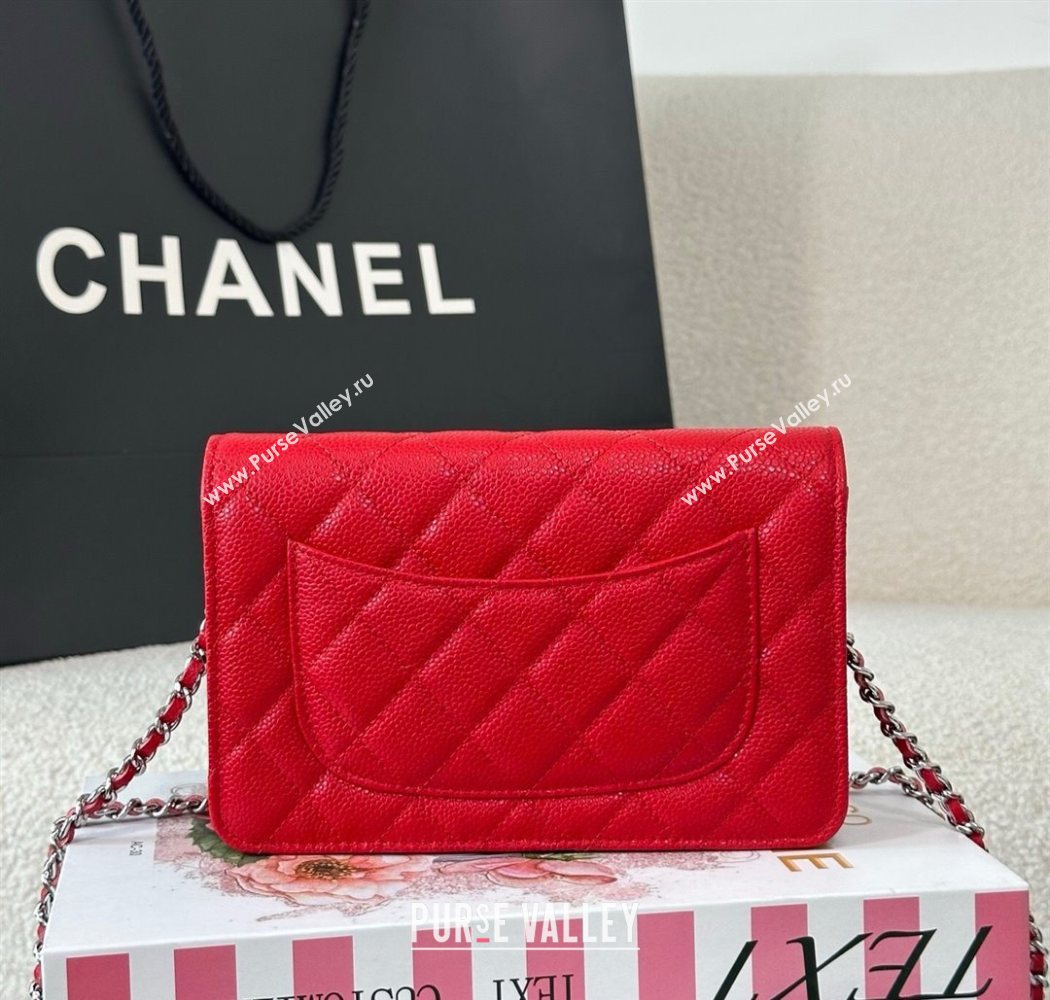 Chanel Grained Calfskin Classic Wallet on Chain WOC Red/Silver 2025 AP4241 (YMU-250703064)