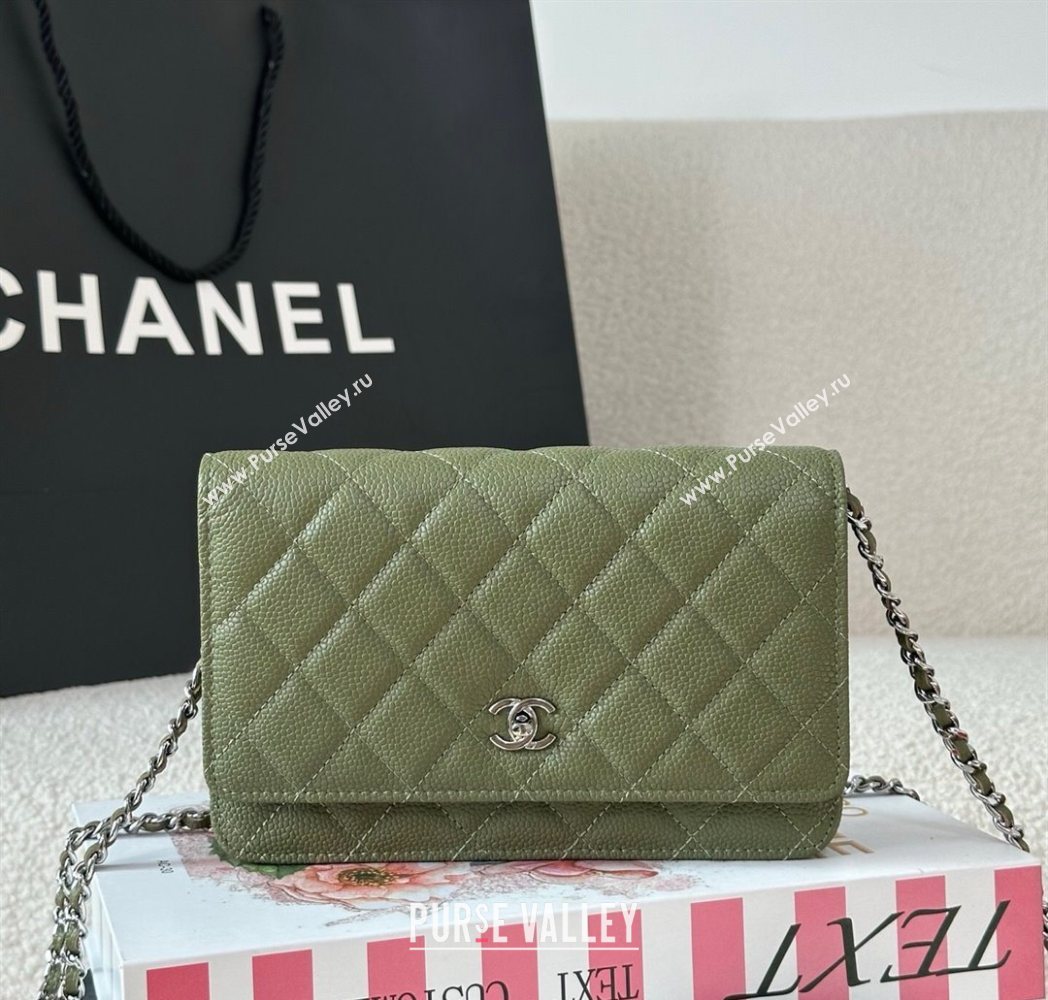 Chanel Grained Calfskin Classic Wallet on Chain WOC Khaki Green/Silver 2025 AP4241 (YMU-250703080)