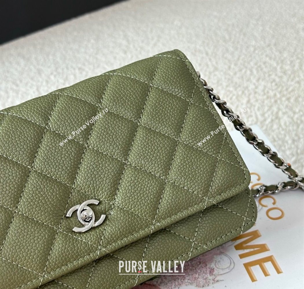Chanel Grained Calfskin Classic Wallet on Chain WOC Khaki Green/Silver 2025 AP4241 (YMU-250703080)