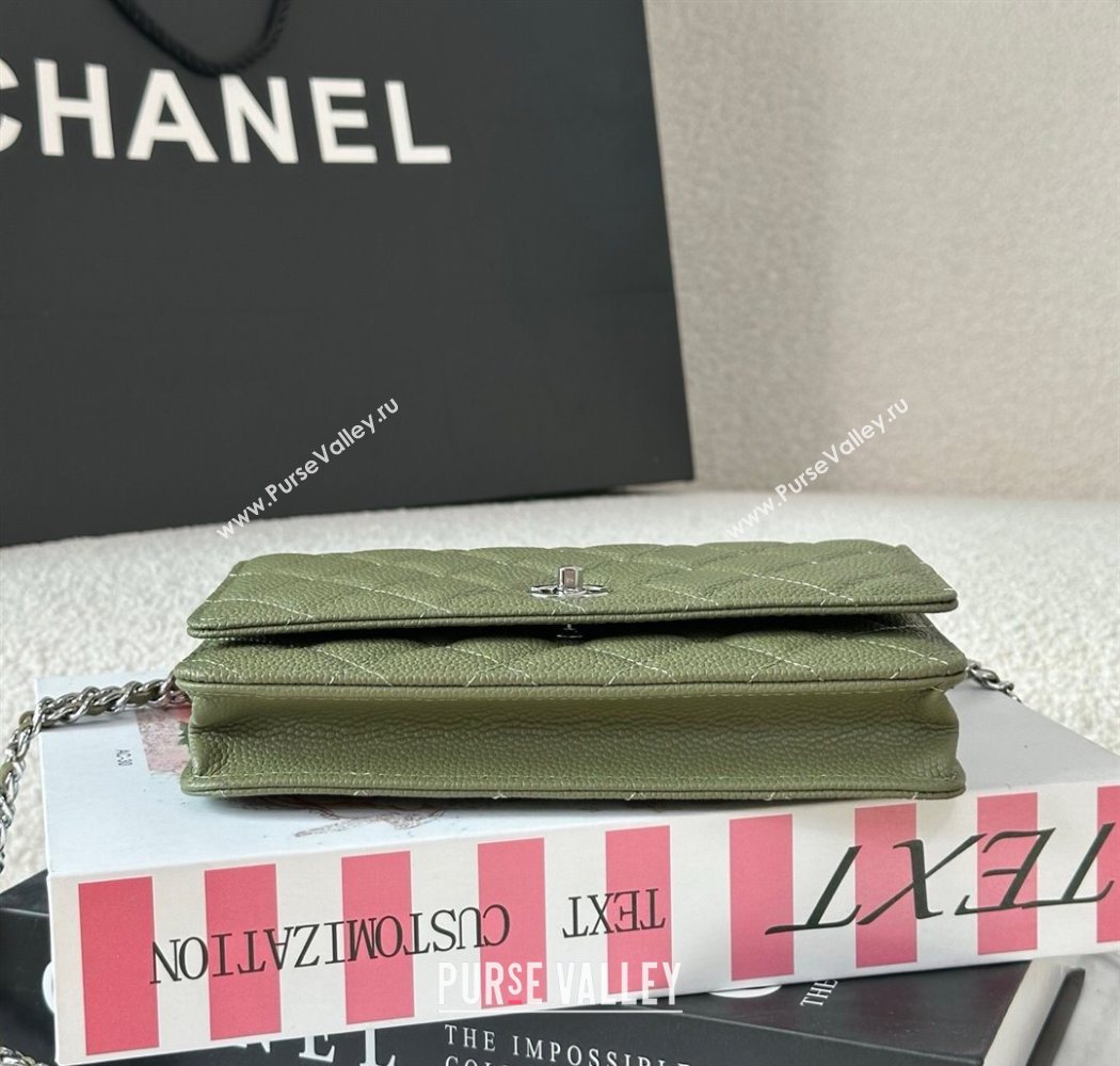 Chanel Grained Calfskin Classic Wallet on Chain WOC Khaki Green/Silver 2025 AP4241 (YMU-250703080)