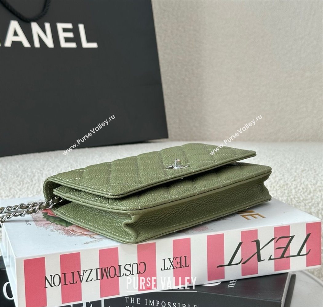 Chanel Grained Calfskin Classic Wallet on Chain WOC Khaki Green/Silver 2025 AP4241 (YMU-250703080)