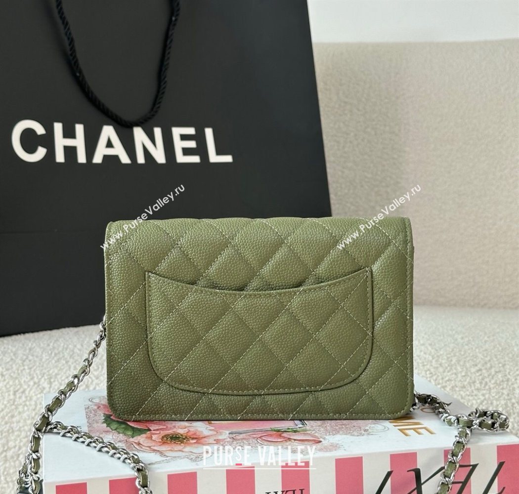 Chanel Grained Calfskin Classic Wallet on Chain WOC Khaki Green/Silver 2025 AP4241 (YMU-250703080)