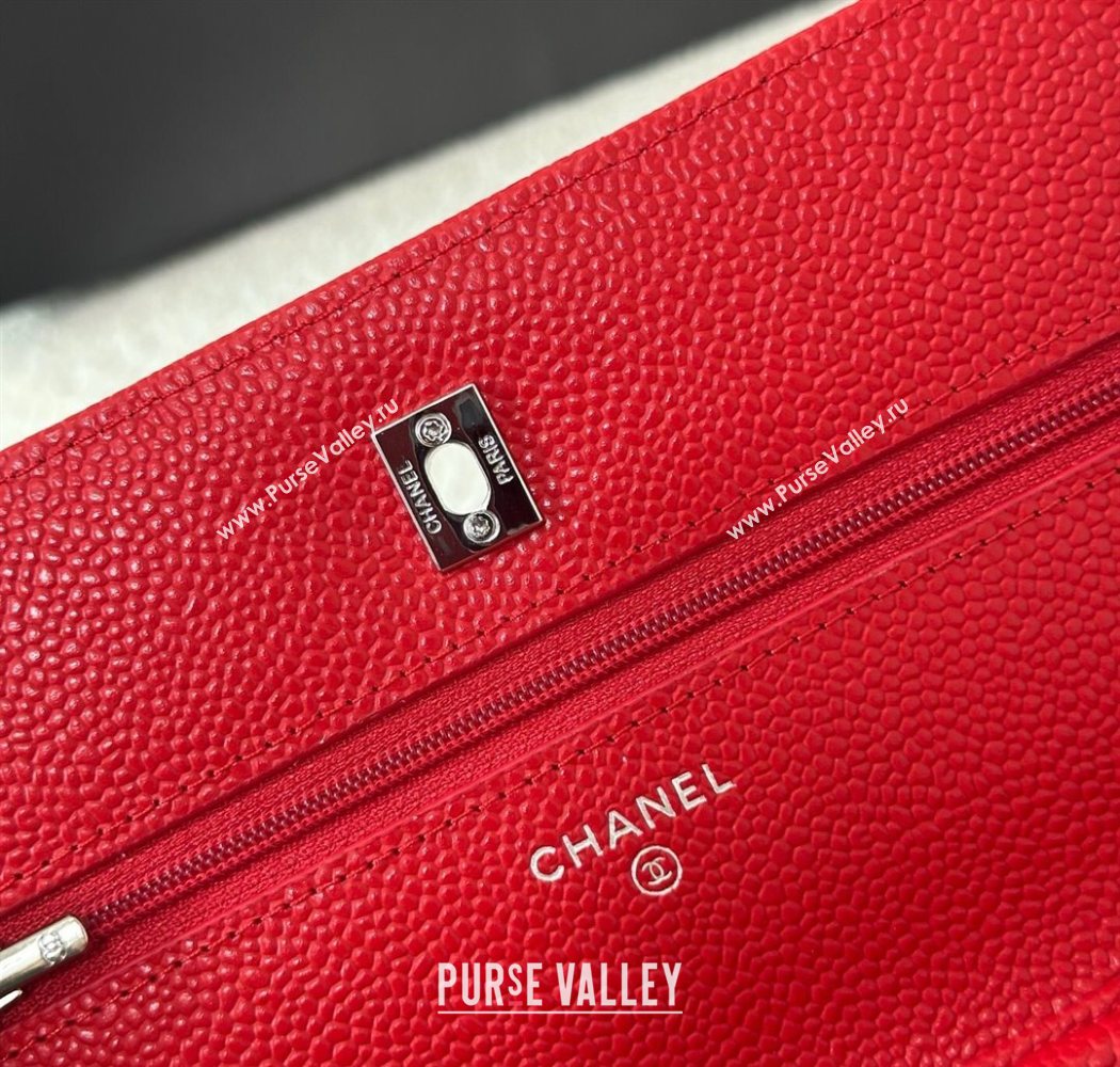 Chanel Grained Calfskin Classic Wallet on Chain WOC Red/Silver 2025 AP4241 (YMU-250703064)