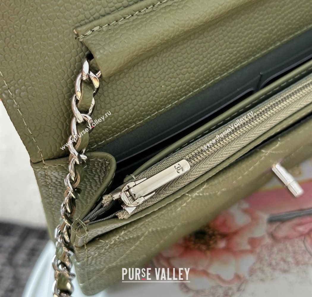 Chanel Grained Calfskin Classic Wallet on Chain WOC Khaki Green/Silver 2025 AP4241 (YMU-250703080)